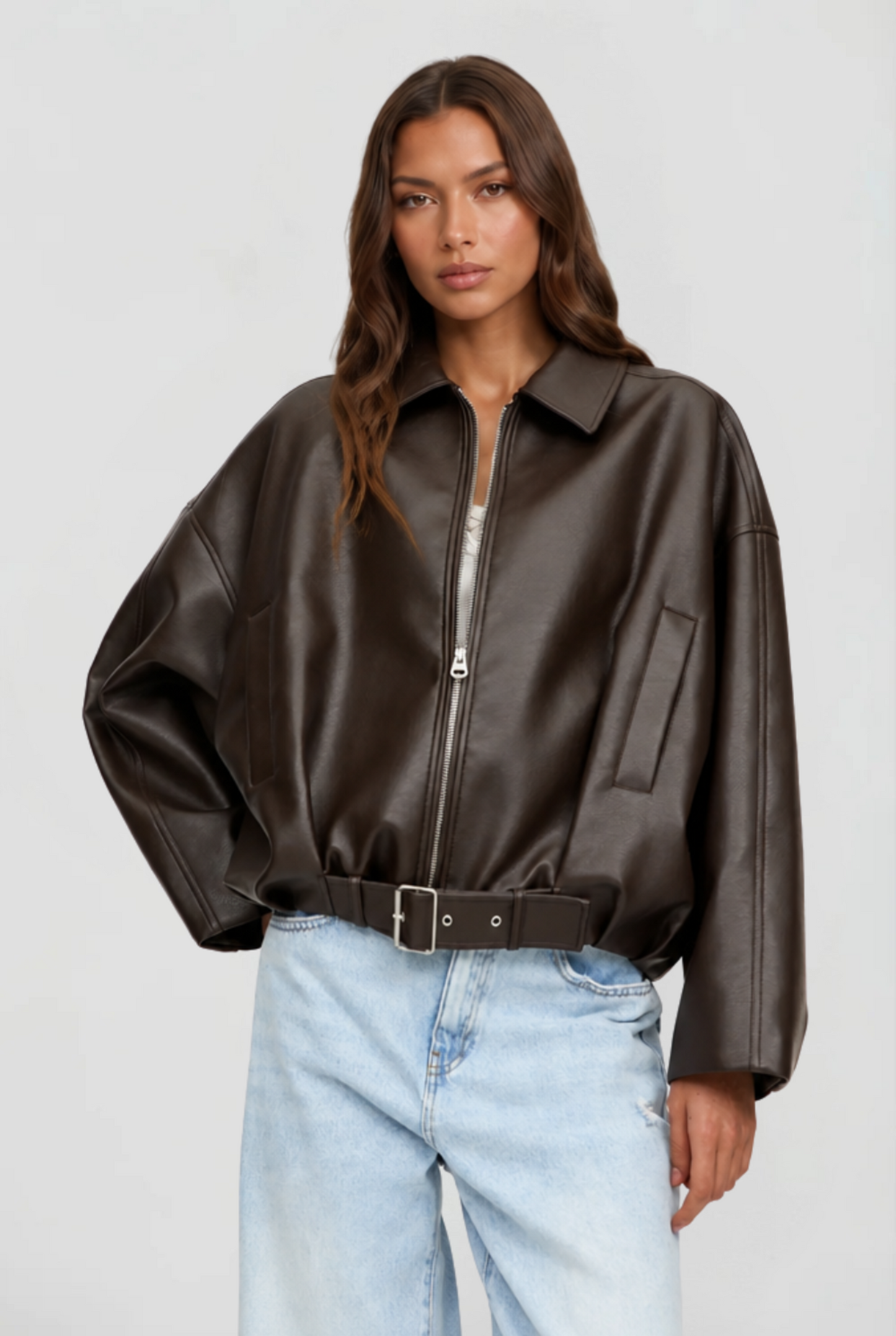 Brooke Oversized Belt Leather Jacket - Brown