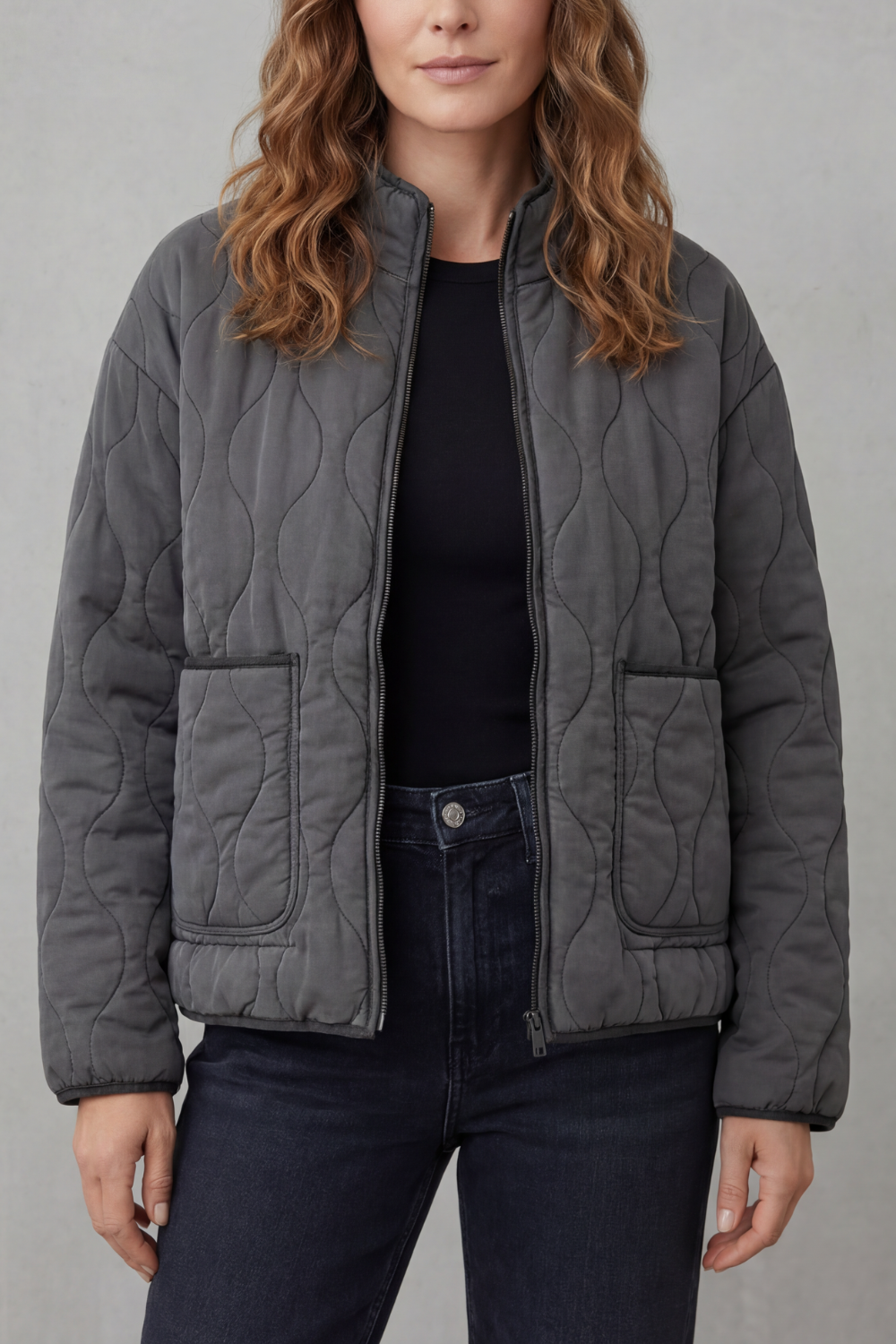 Cavelline High Neck Wave Quilted Zip Up Jacket - Gray
