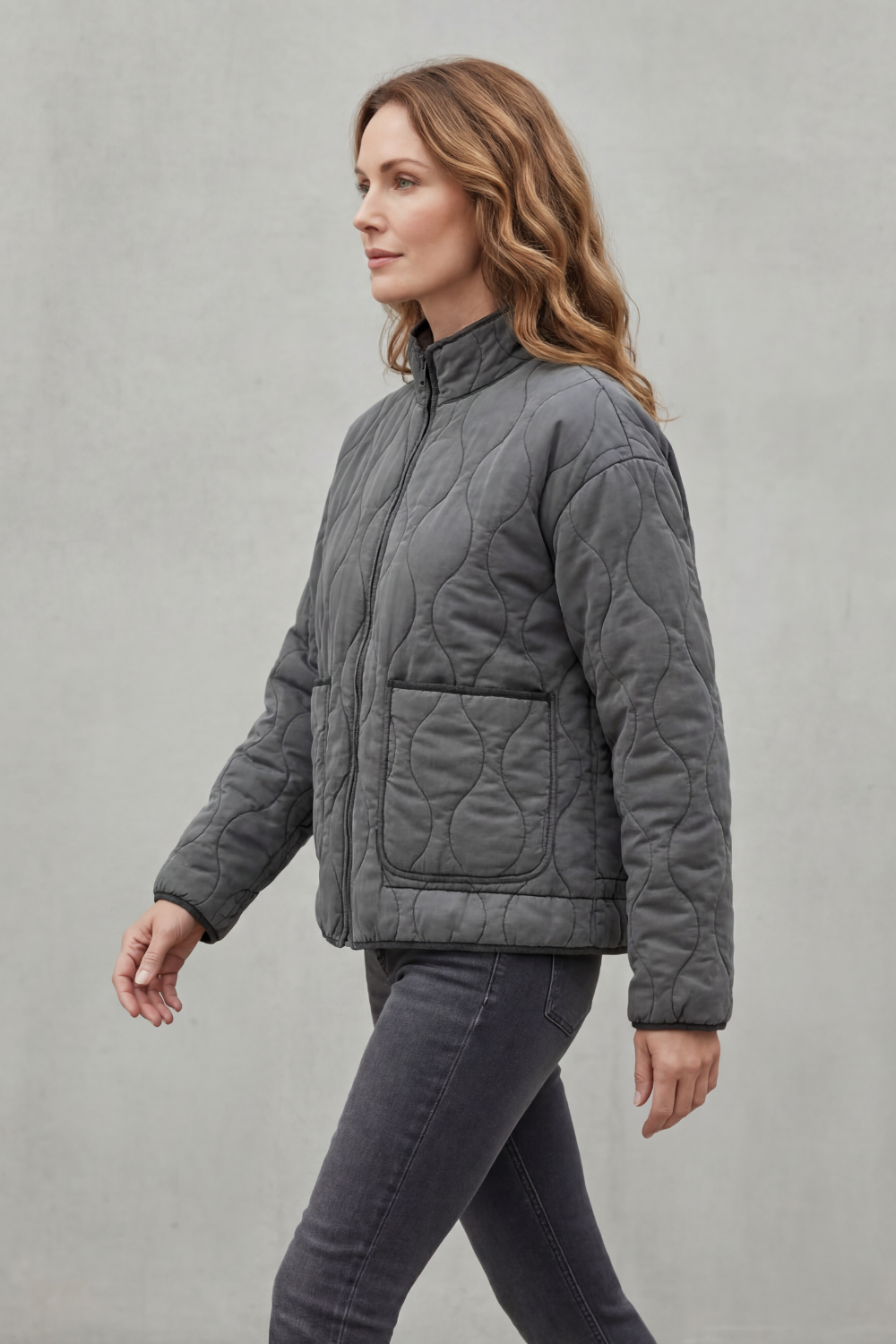 Cavelline High Neck Wave Quilted Zip Up Jacket