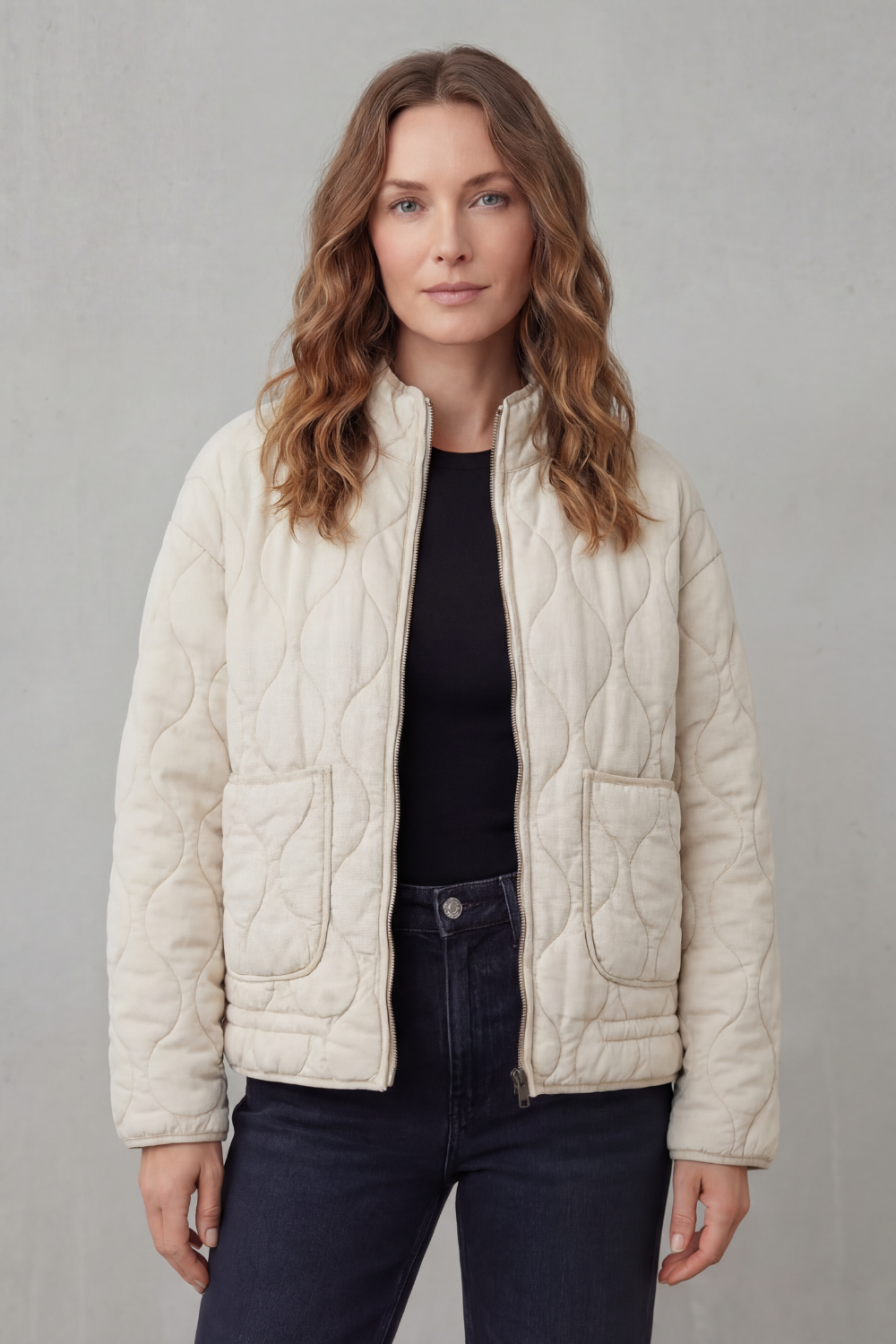 Cavelline High Neck Wave Quilted Zip Up Jacket - Apricot