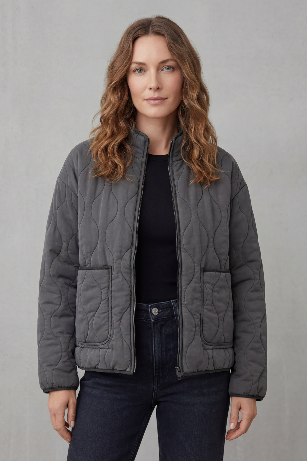 Cavelline High Neck Wave Quilted Zip Up Jacket