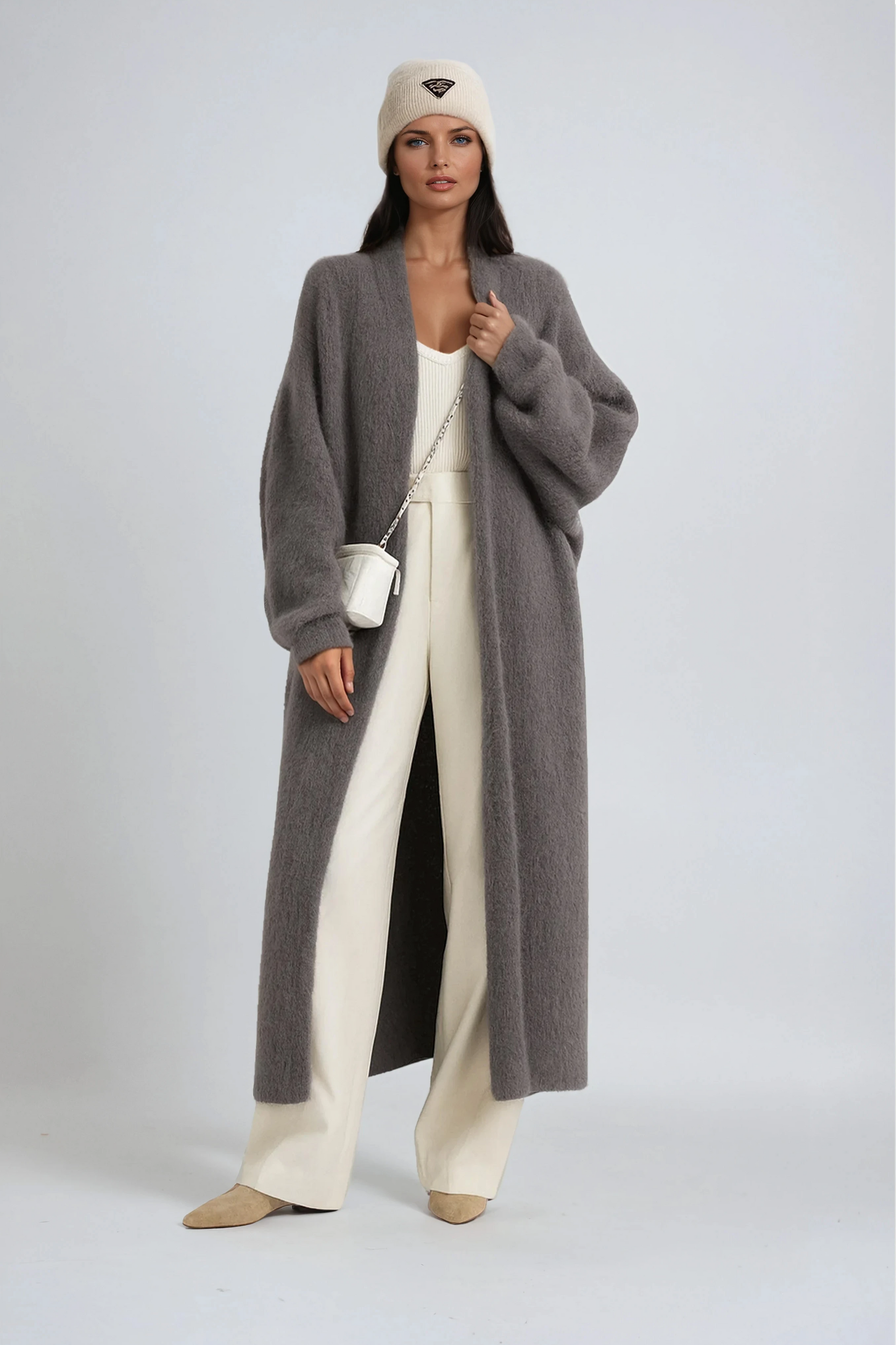 Hena Long Wool Cardigan Coat - Gray