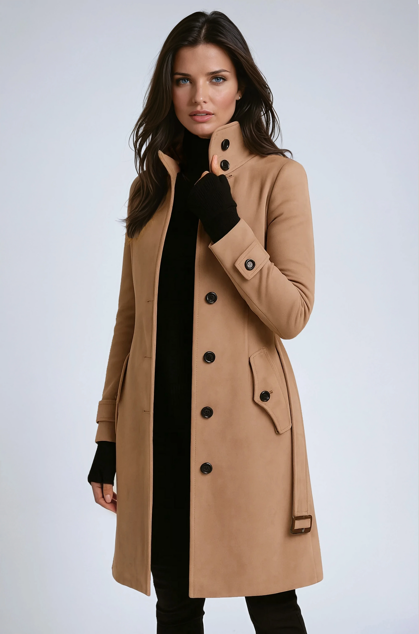Sandy High Neck Button Long Coat - Khaki