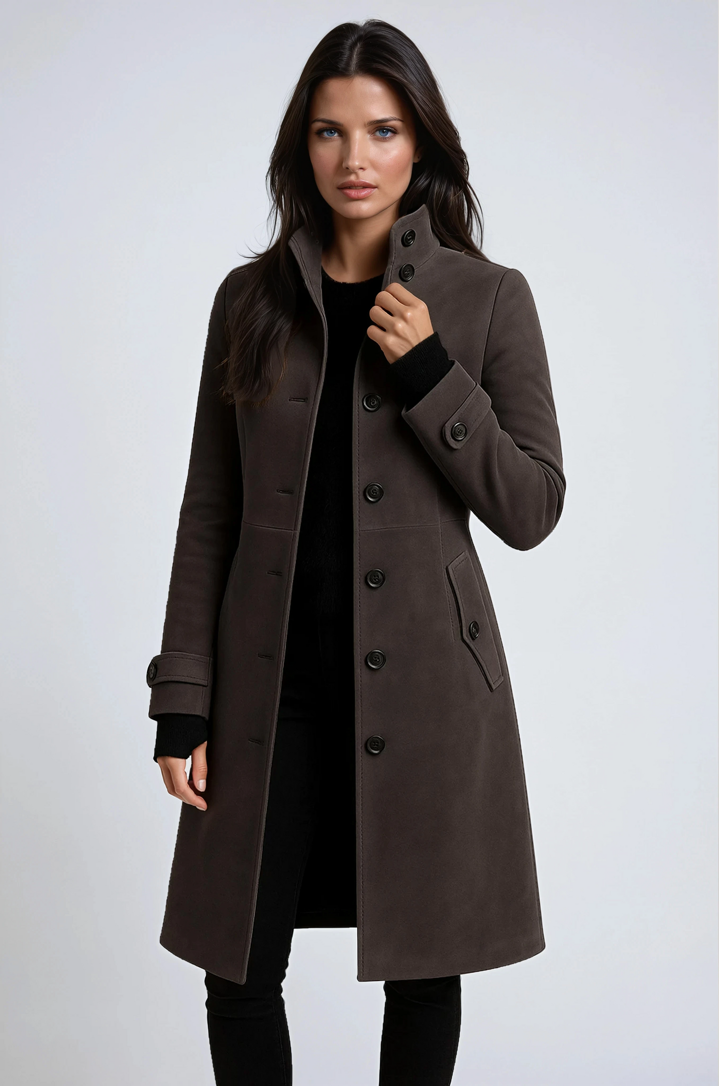 Sandy High Neck Button Long Coat - Gray