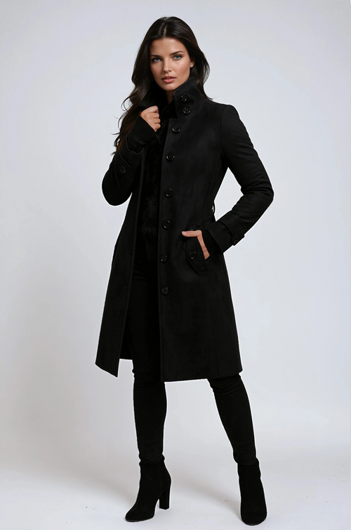 Sandy High Neck Button Long Coat - Black