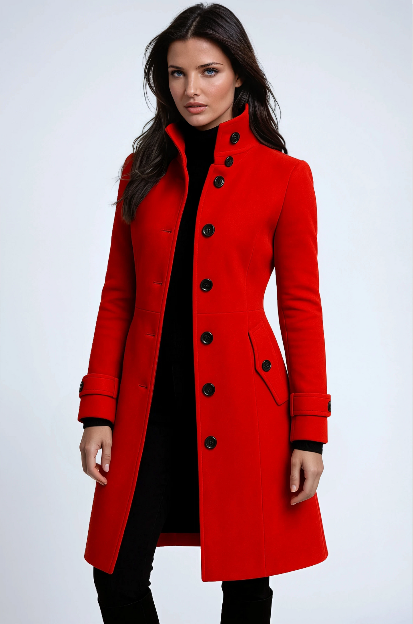 Sandy High Neck Button Long Coat - Red