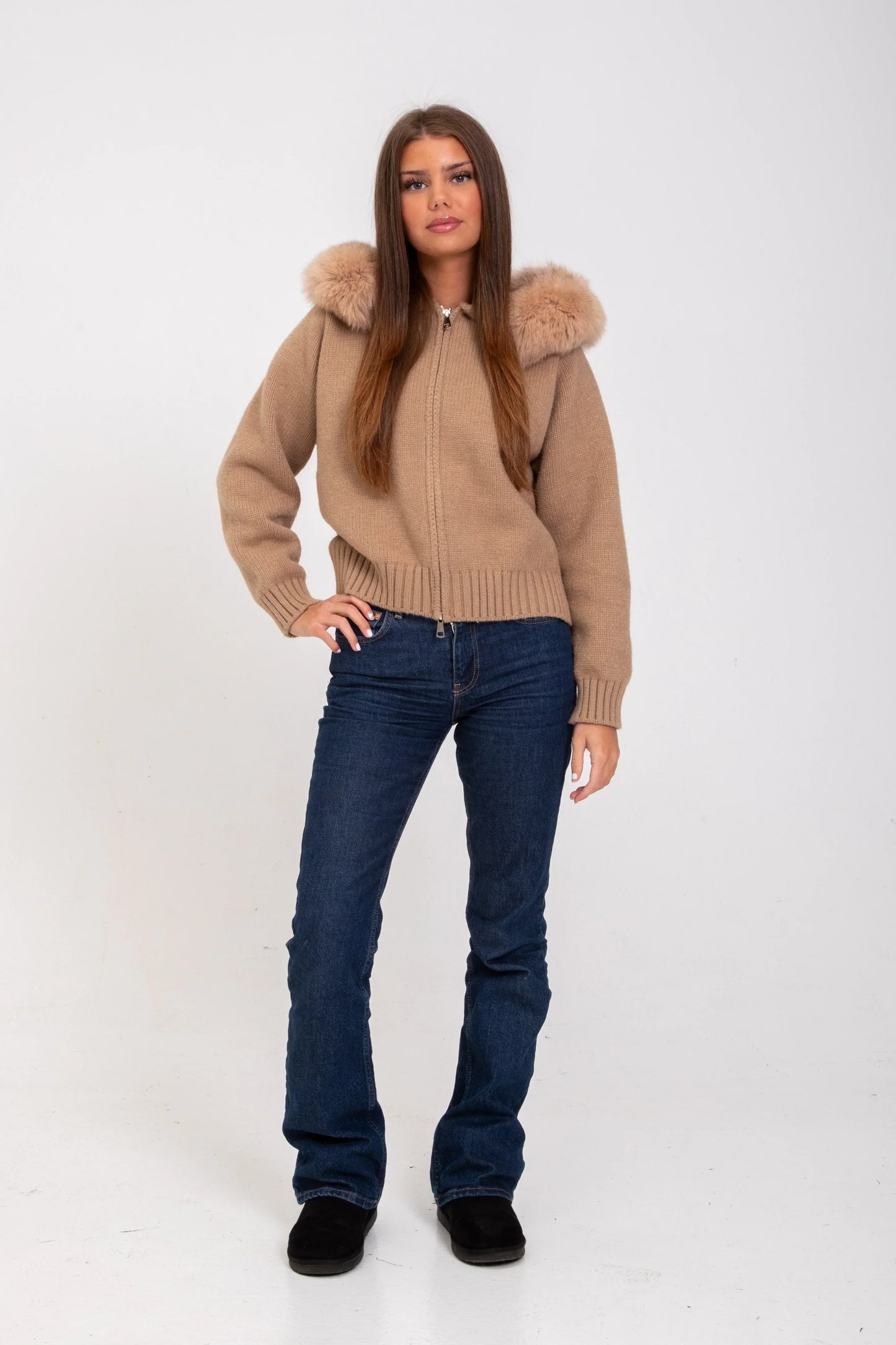 Chloe Faux Fur Hooded Cropped Jacket - Brown