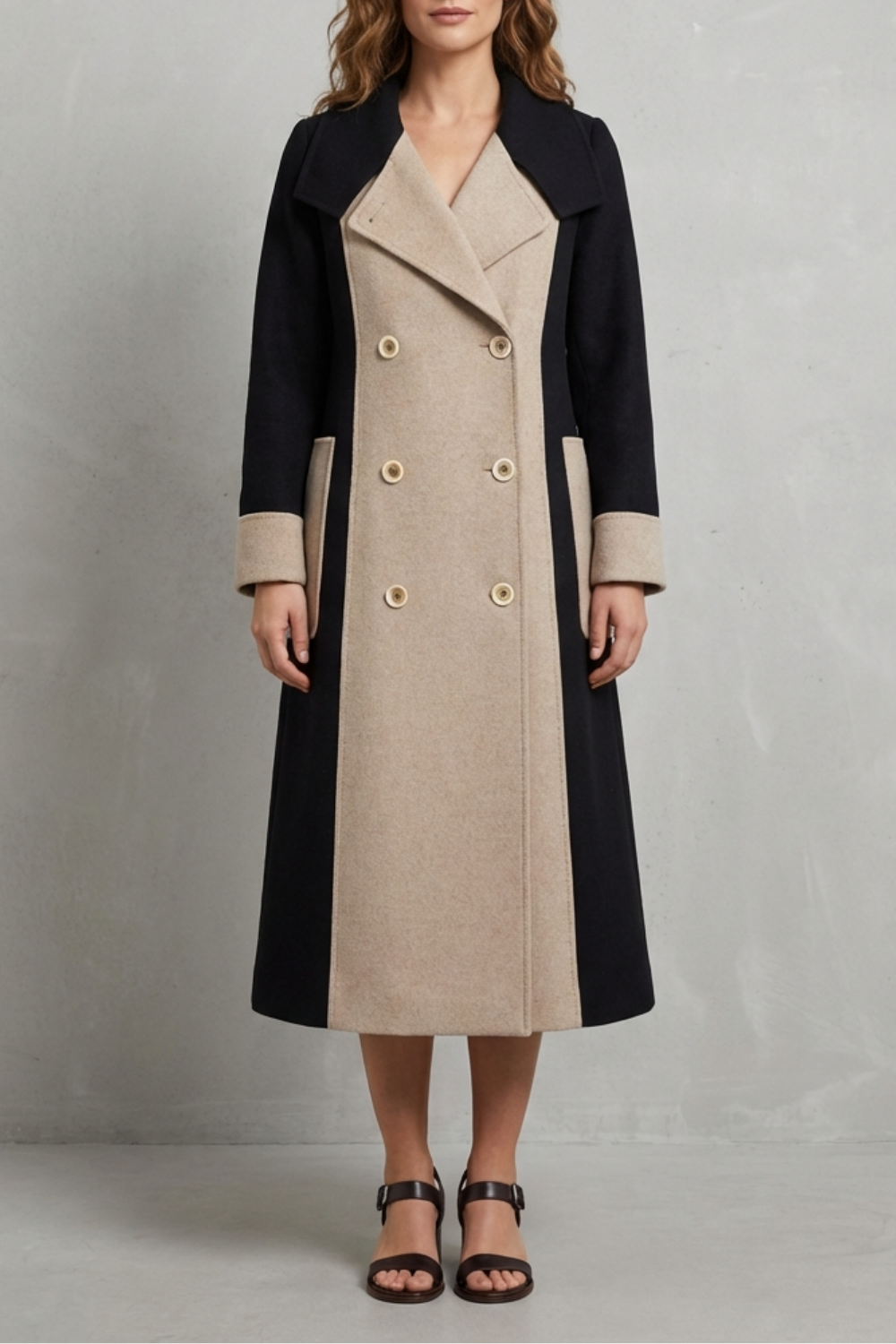 Clara Contrast Double Breasted Tailored Long Coat - Black