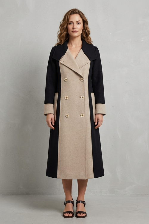 Clara Contrast Double Breasted Tailored Long Coat