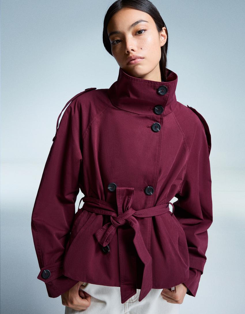 Clara Double Breasted Cropped Trench Coat - Red
