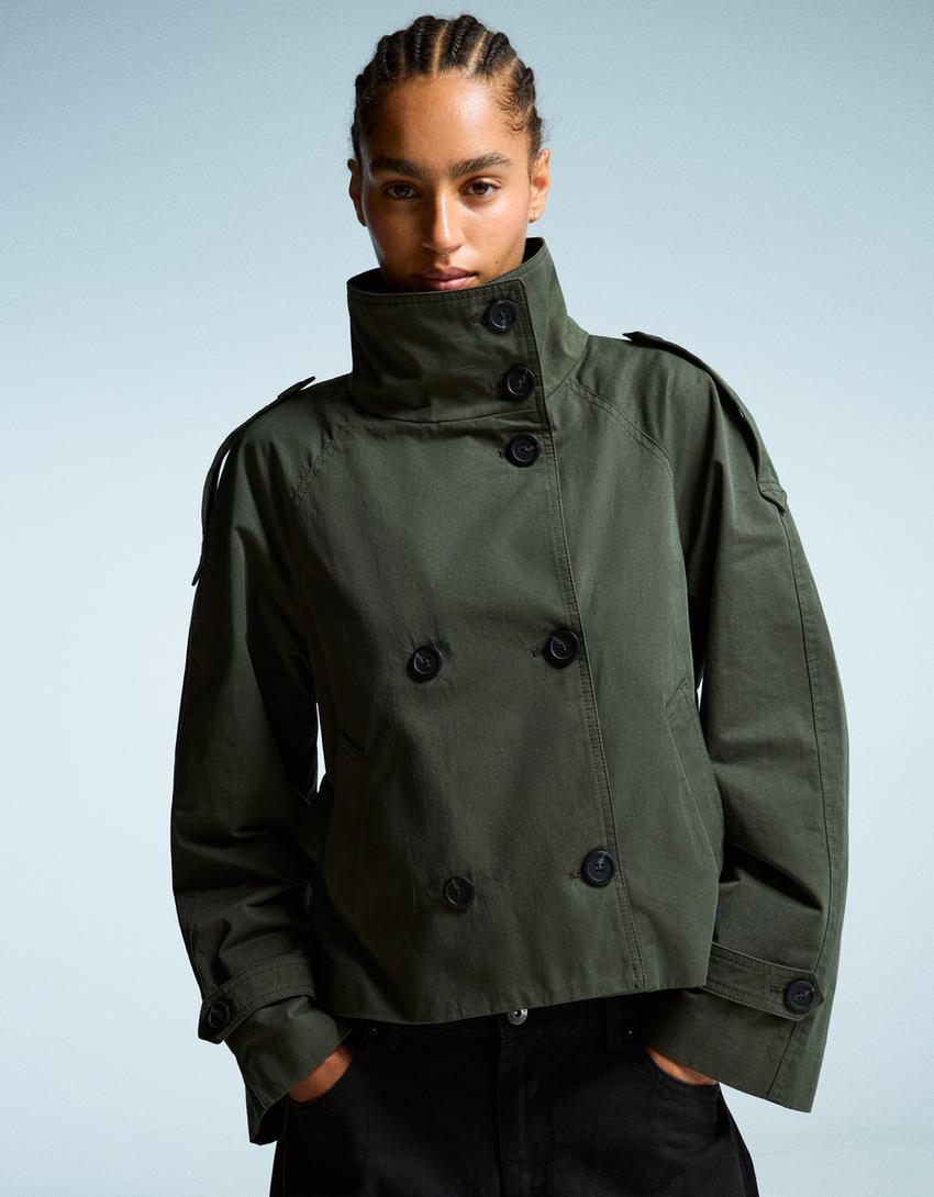 Clara Double Breasted Cropped Trench Coat - Green