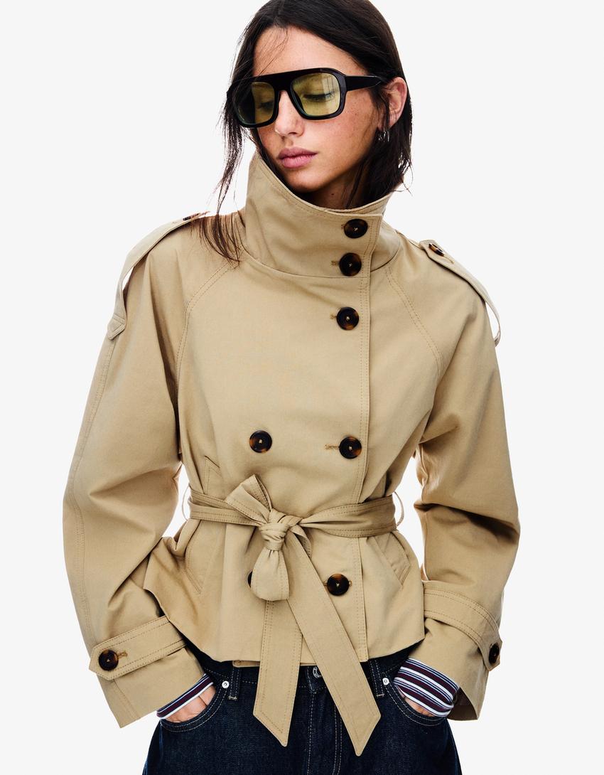 Clara Double Breasted Cropped Trench Coat - Beige