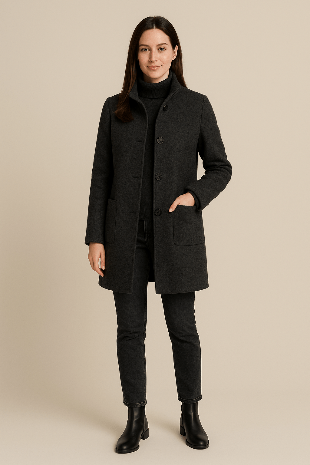Charlotte High Neck Button Long Coat - Black