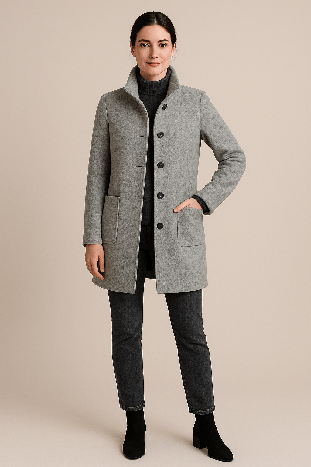 Charlotte High Neck Button Long Coat - Gray