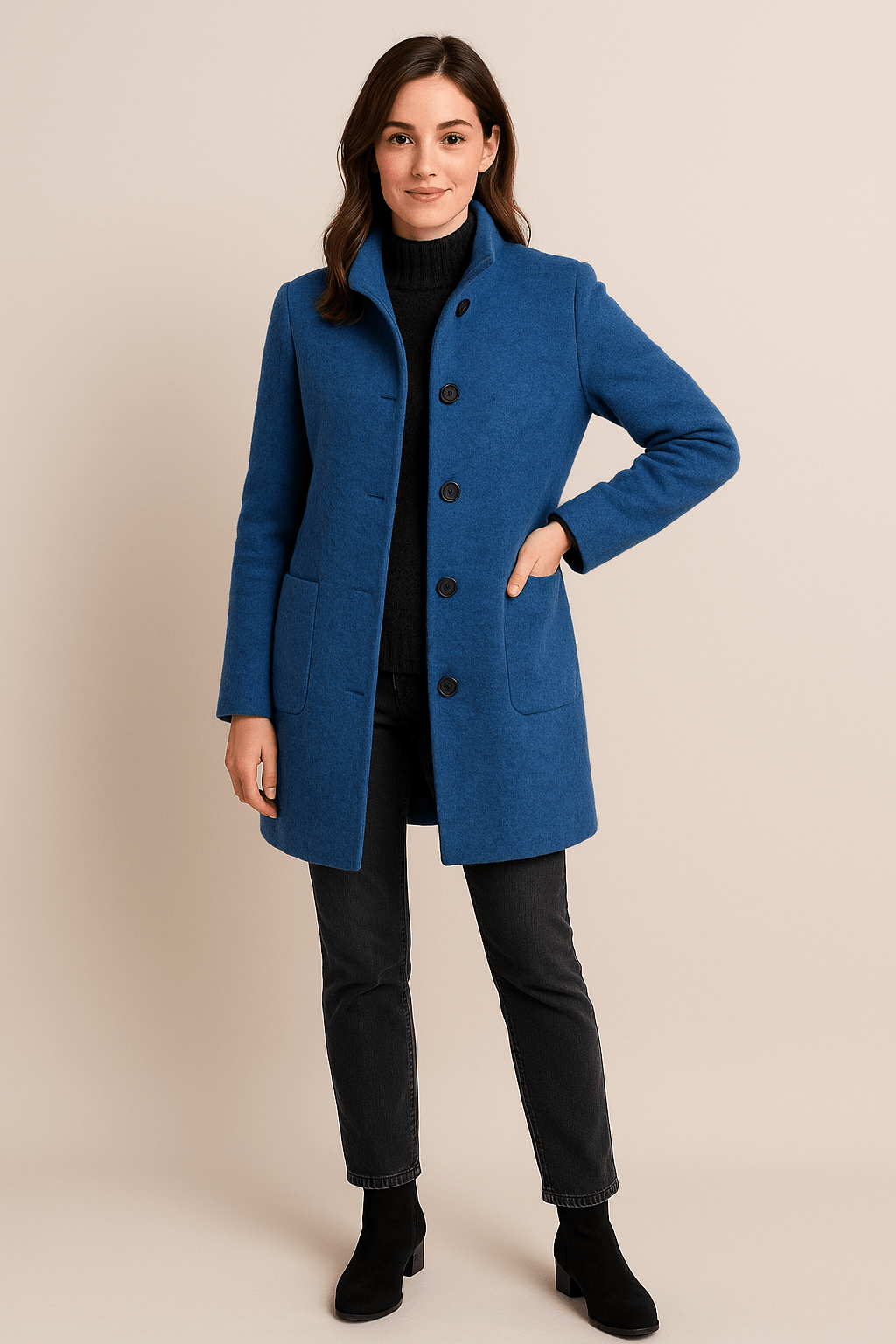 Charlotte High Neck Button Long Coat - Sky Blue