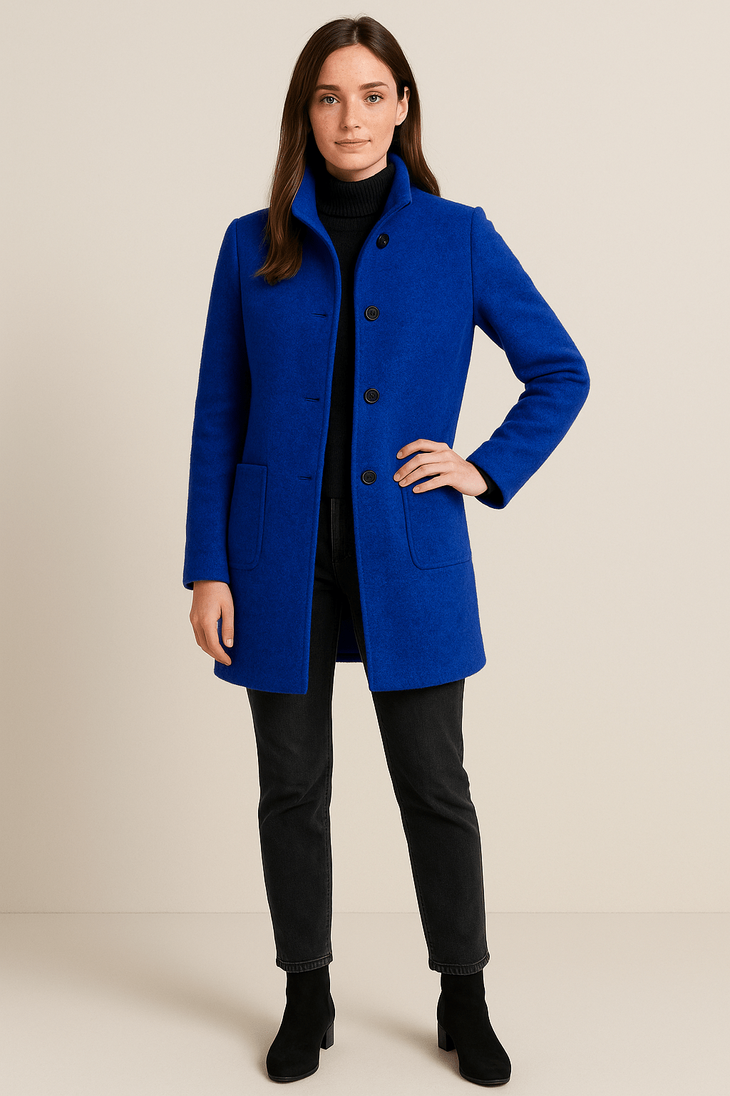 Charlotte High Neck Button Long Coat - Blue