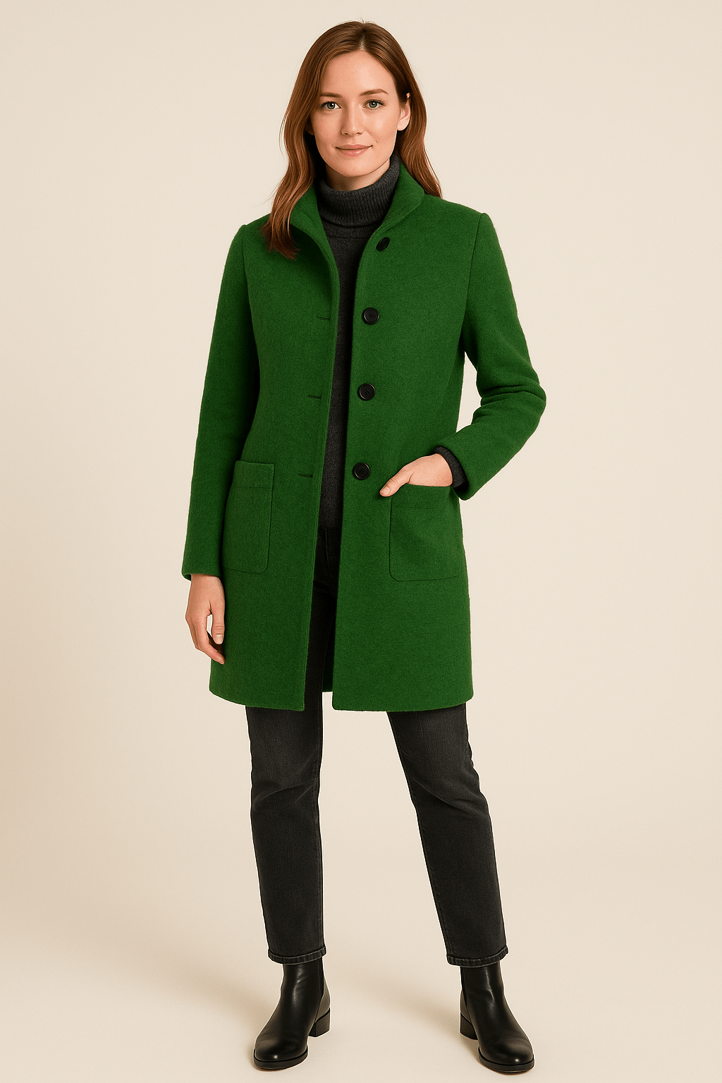 Charlotte High Neck Button Long Coat - Green