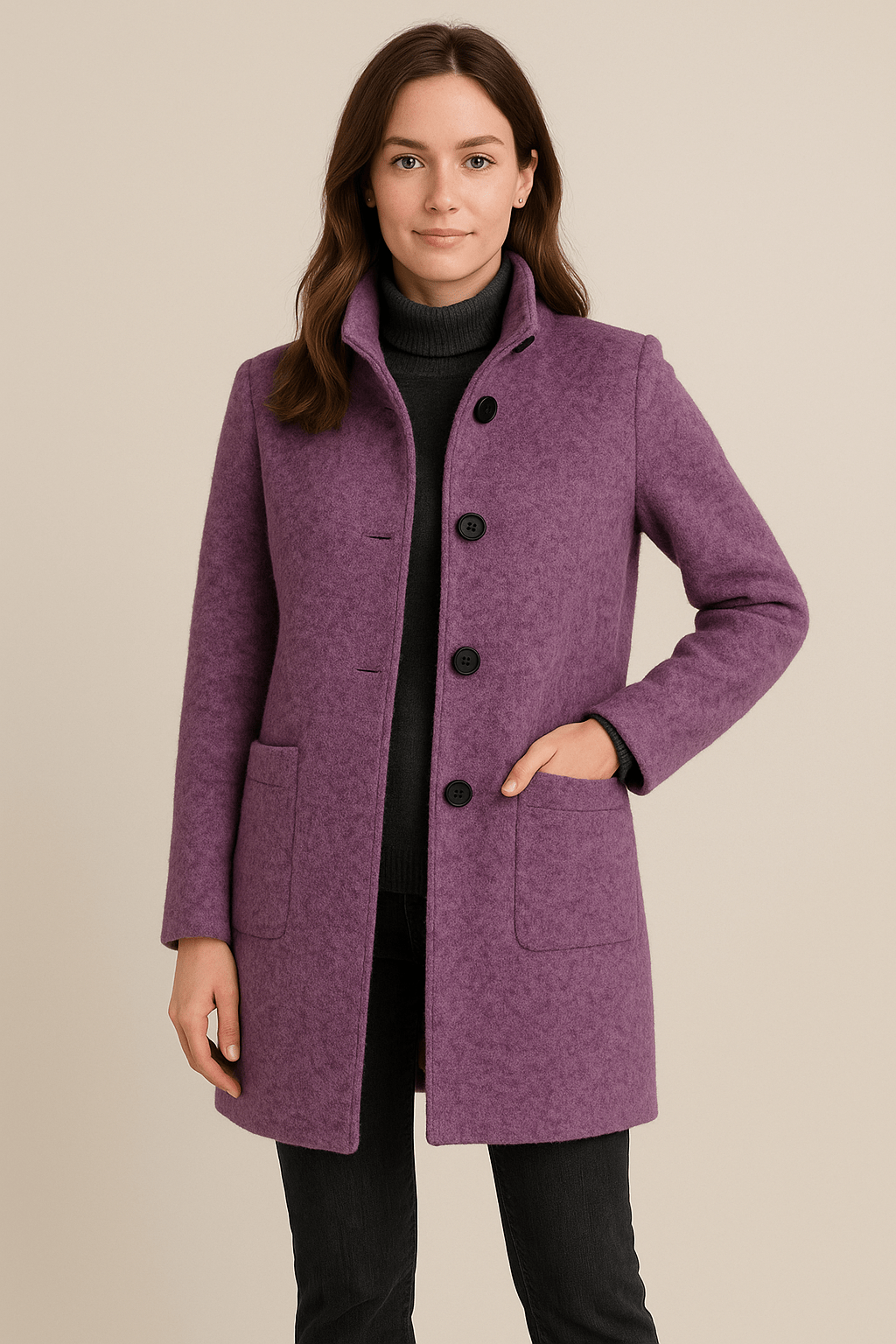 Charlotte High Neck Button Long Coat - Purple