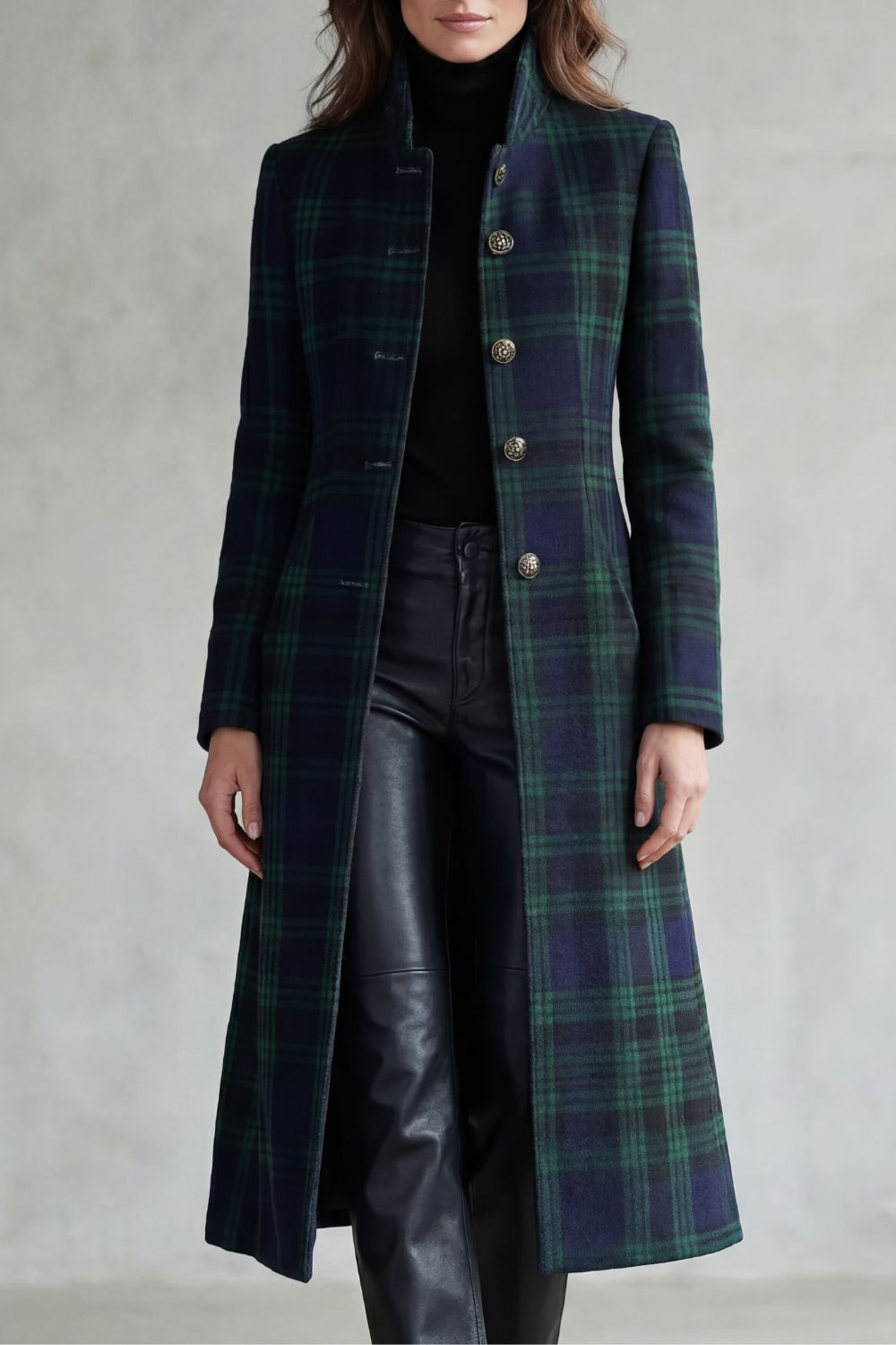Elenor Tartan High Neck Tailored Long Coat - Green