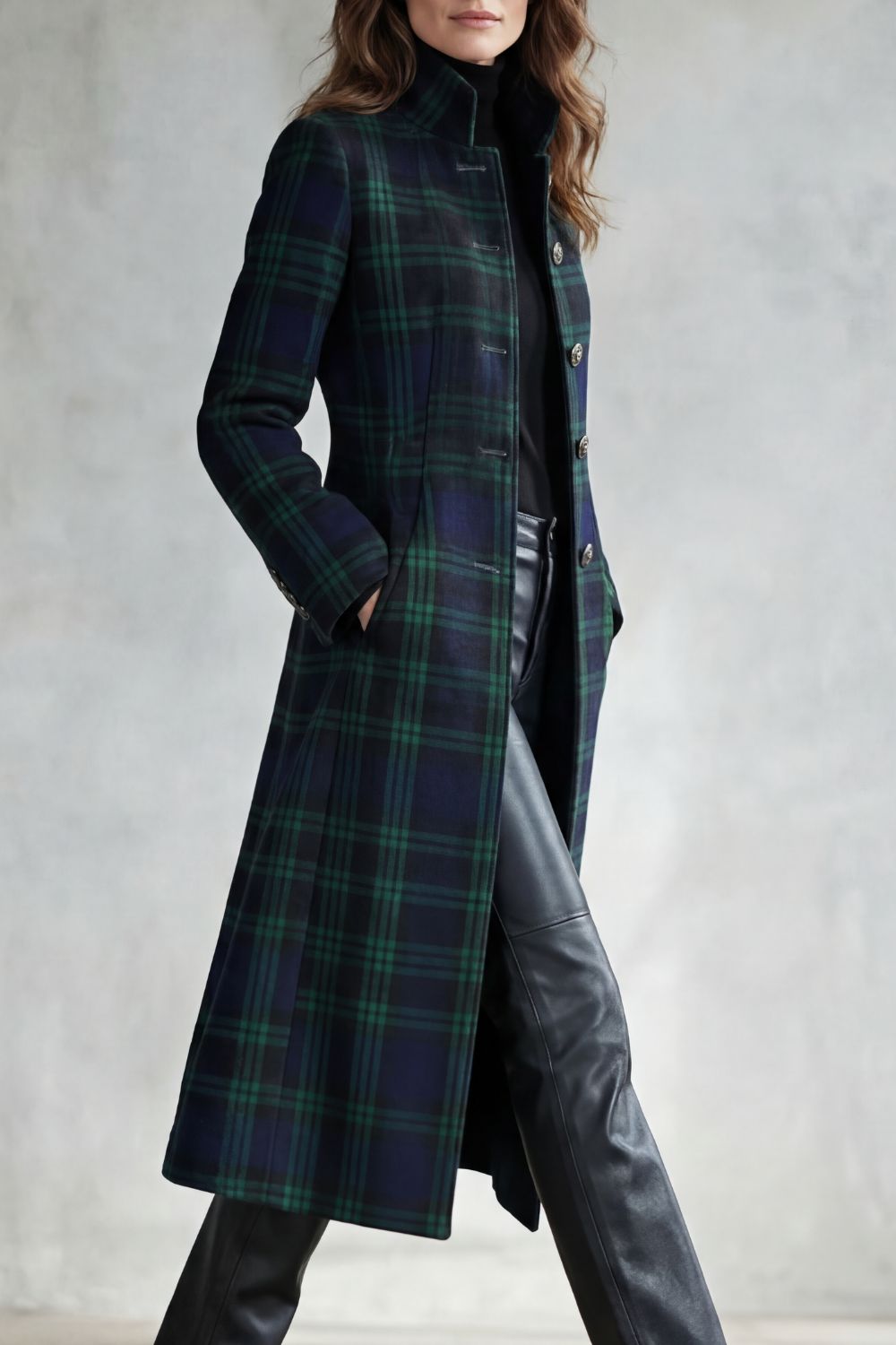 Elenor Tartan High Neck Tailored Long Coat