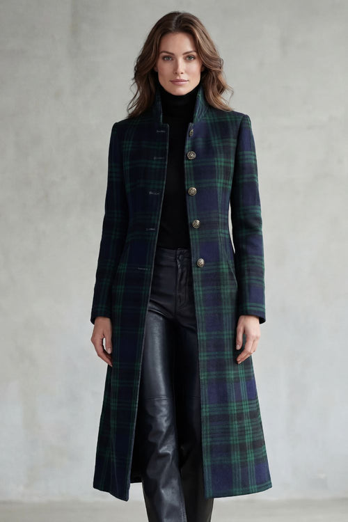 Elenor Tartan High Neck Tailored Long Coat