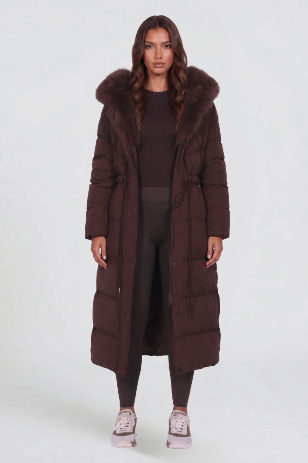 Eliza Faux Fur Hooded Long Puffer Coat - Brown