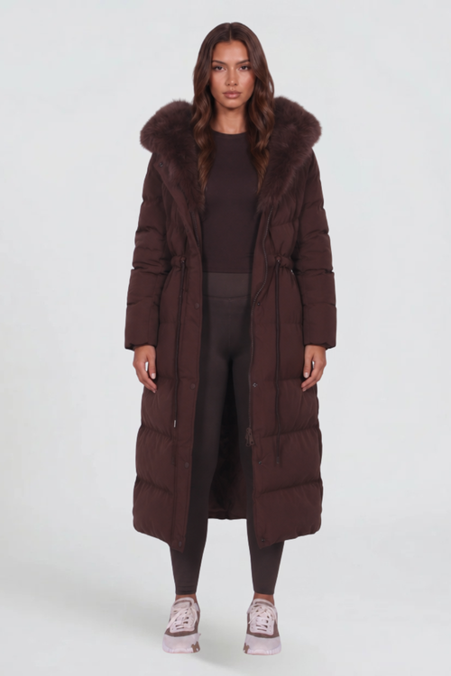 Eliza Faux Fur Hooded Long Puffer Coat - Brown