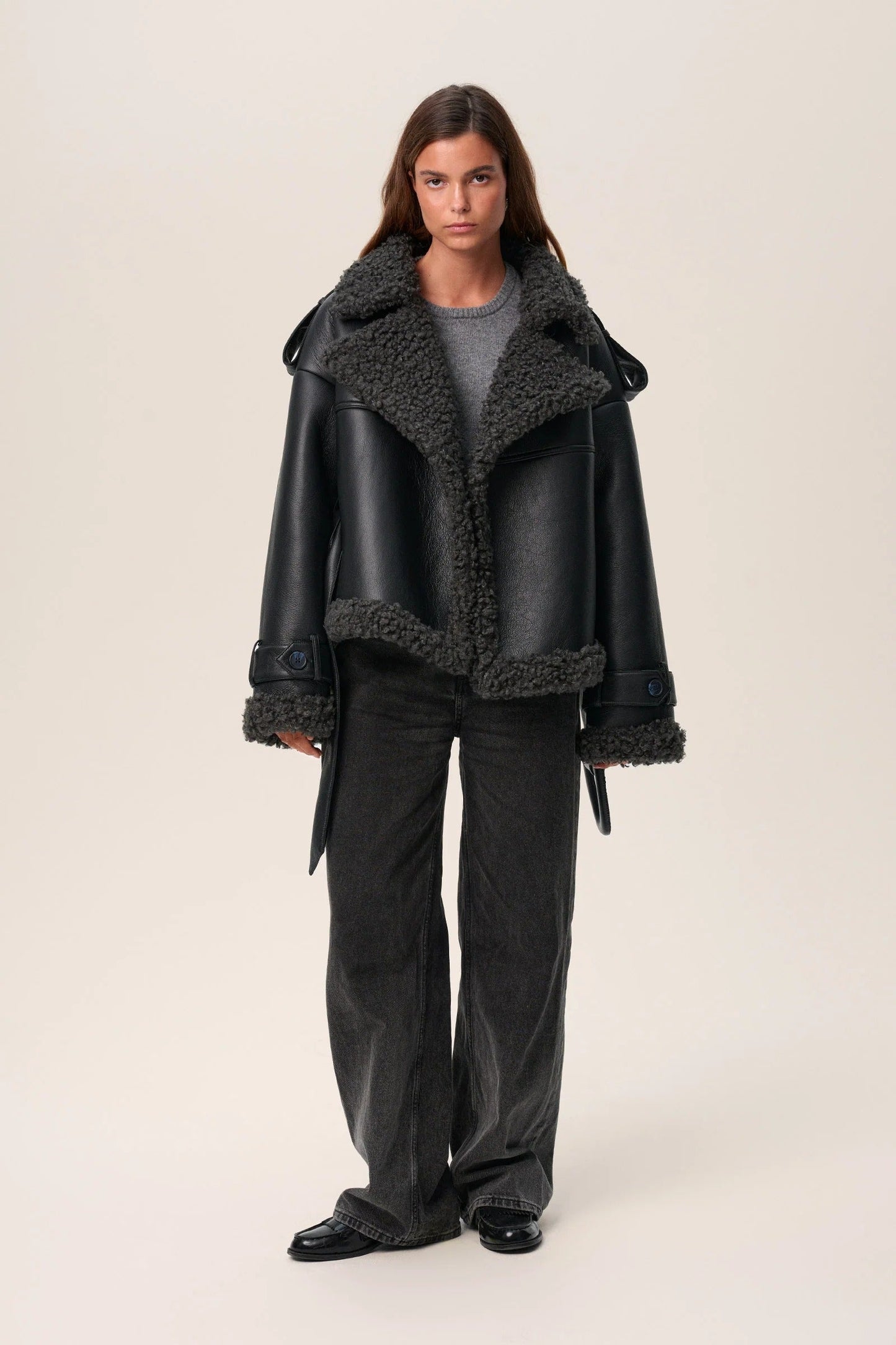 Eve Belted Shearling Long Coat - Black