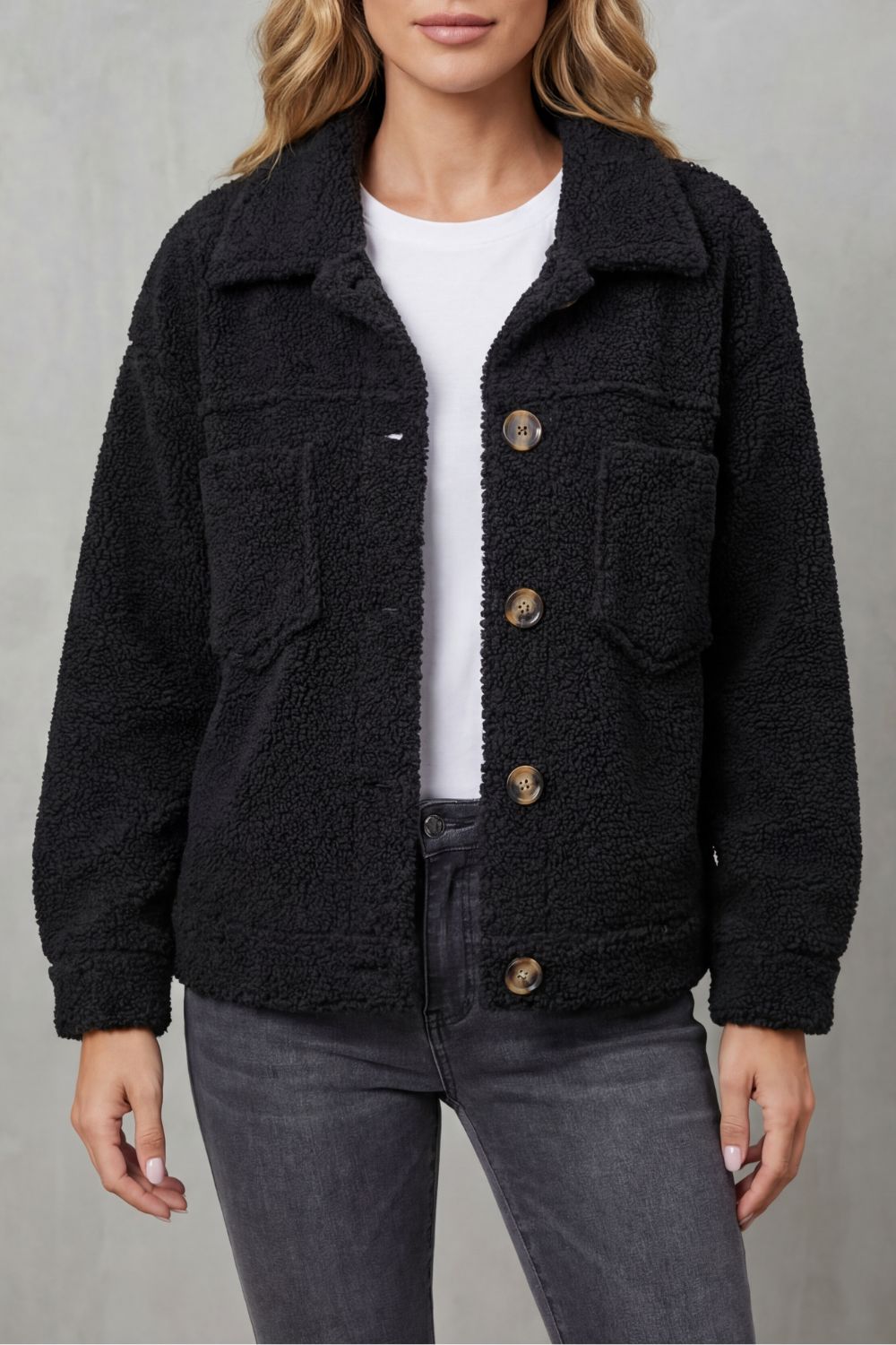 Floretta Teddy Fleece Button Up Jacket - Black