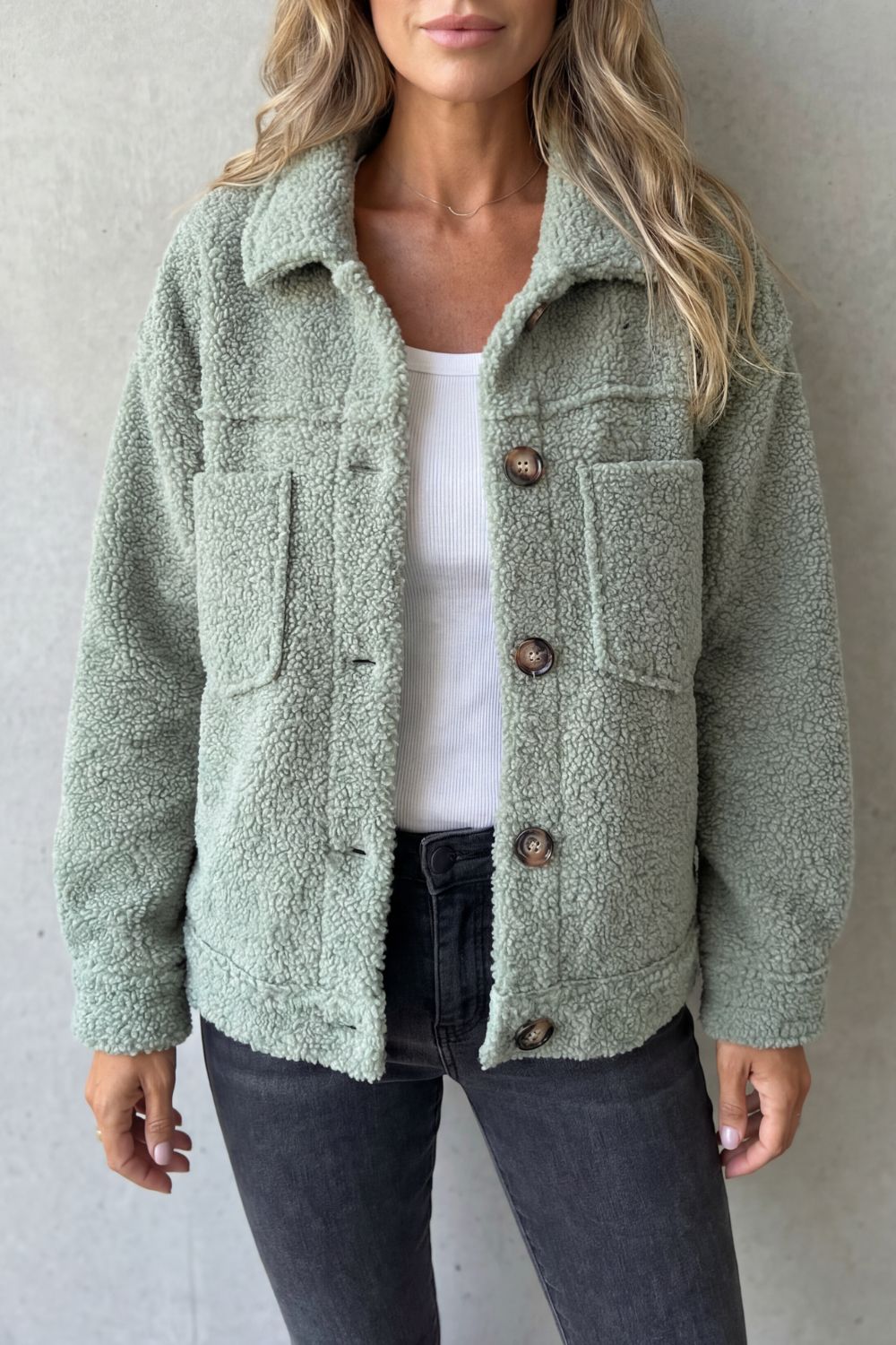 Floretta Teddy Fleece Button Up Jacket - Sage