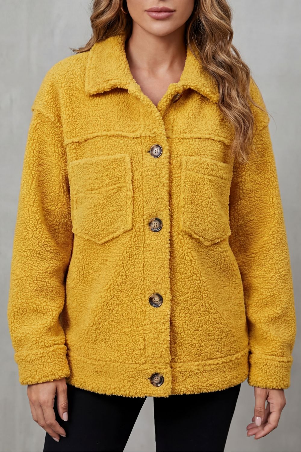 Floretta Teddy Fleece Button Up Jacket - Yellow