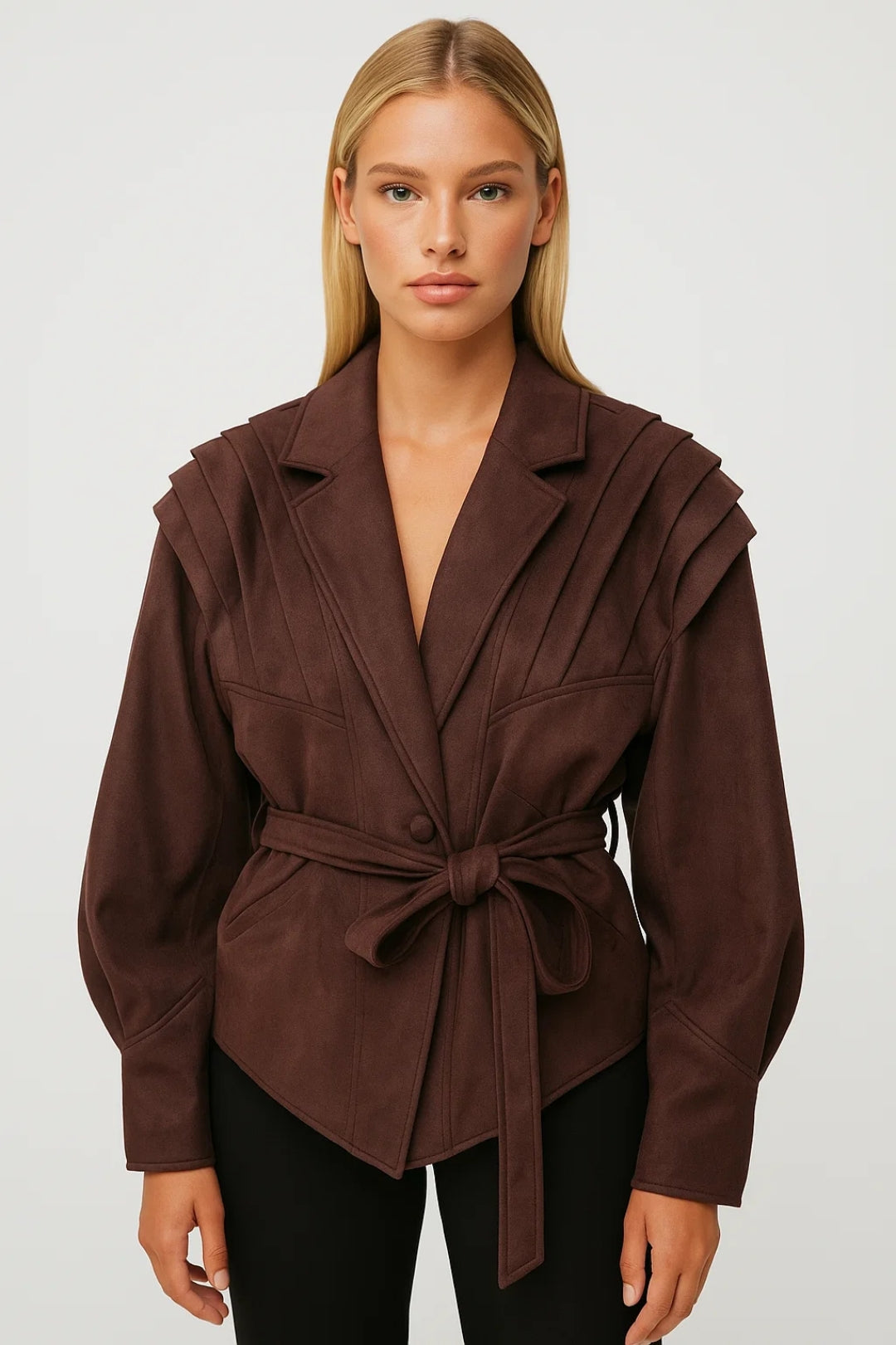 Frederica Belted Pleated Shoulder Tailored Jacket - Brown