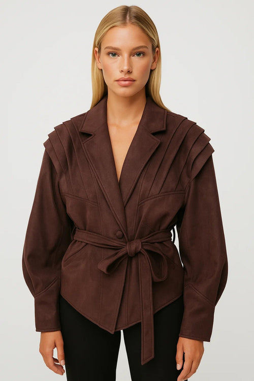 Frederica Belted Pleated Shoulder Tailored Jacket - Brown