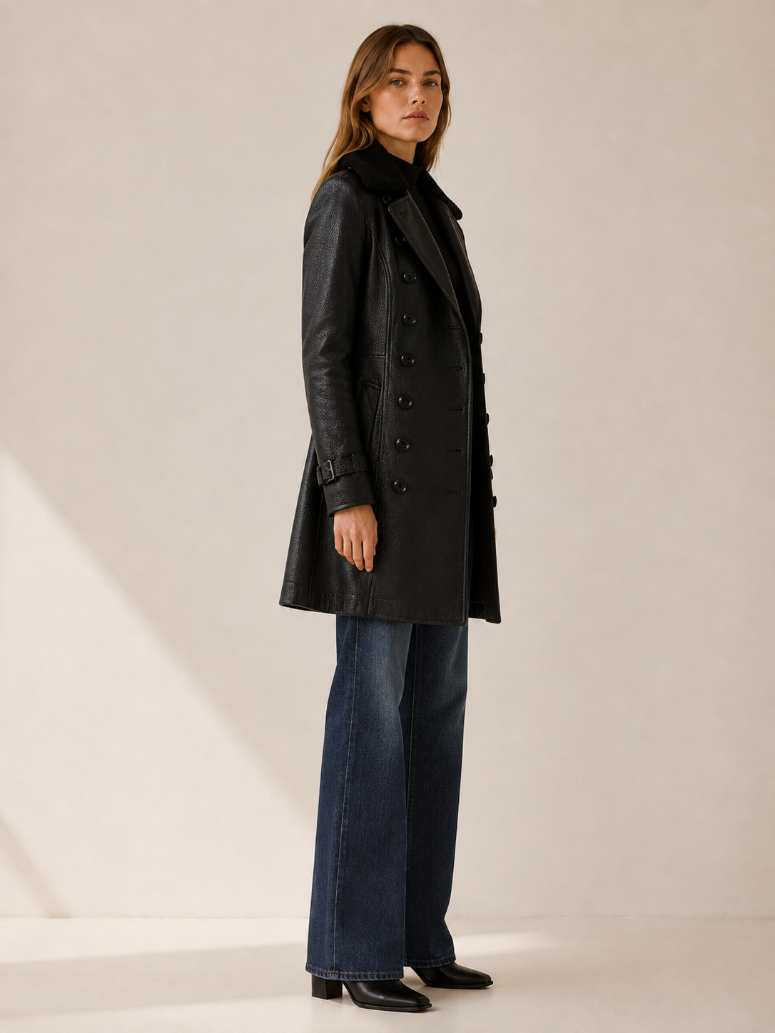 Glenda Double Breasted Textured Tailored Long Coat