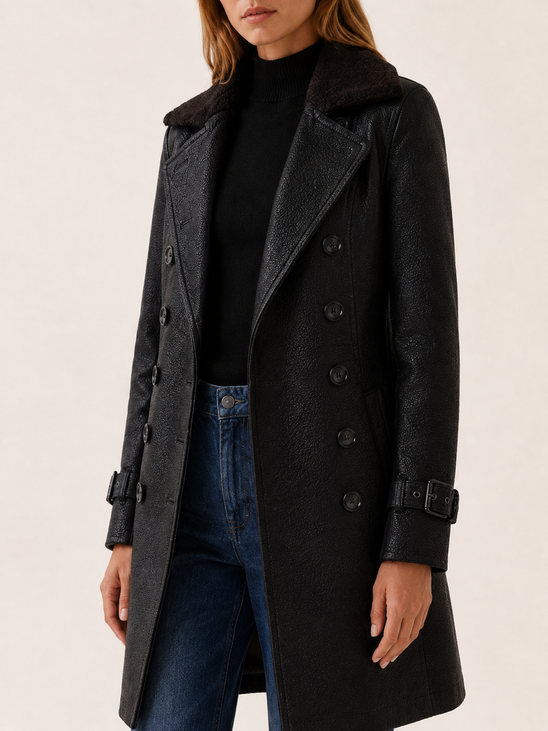 Glenda Double Breasted Textured Tailored Long Coat