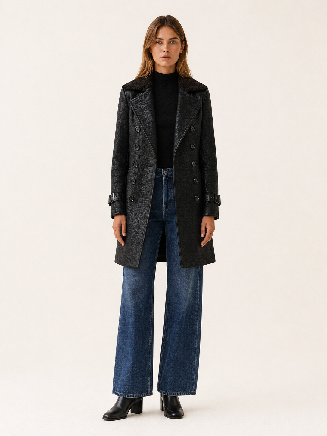 Glenda Double Breasted Textured Tailored Long Coat - Black