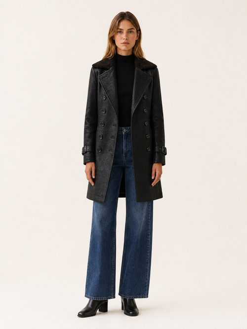 Glenda Double Breasted Textured Tailored Long Coat - Black