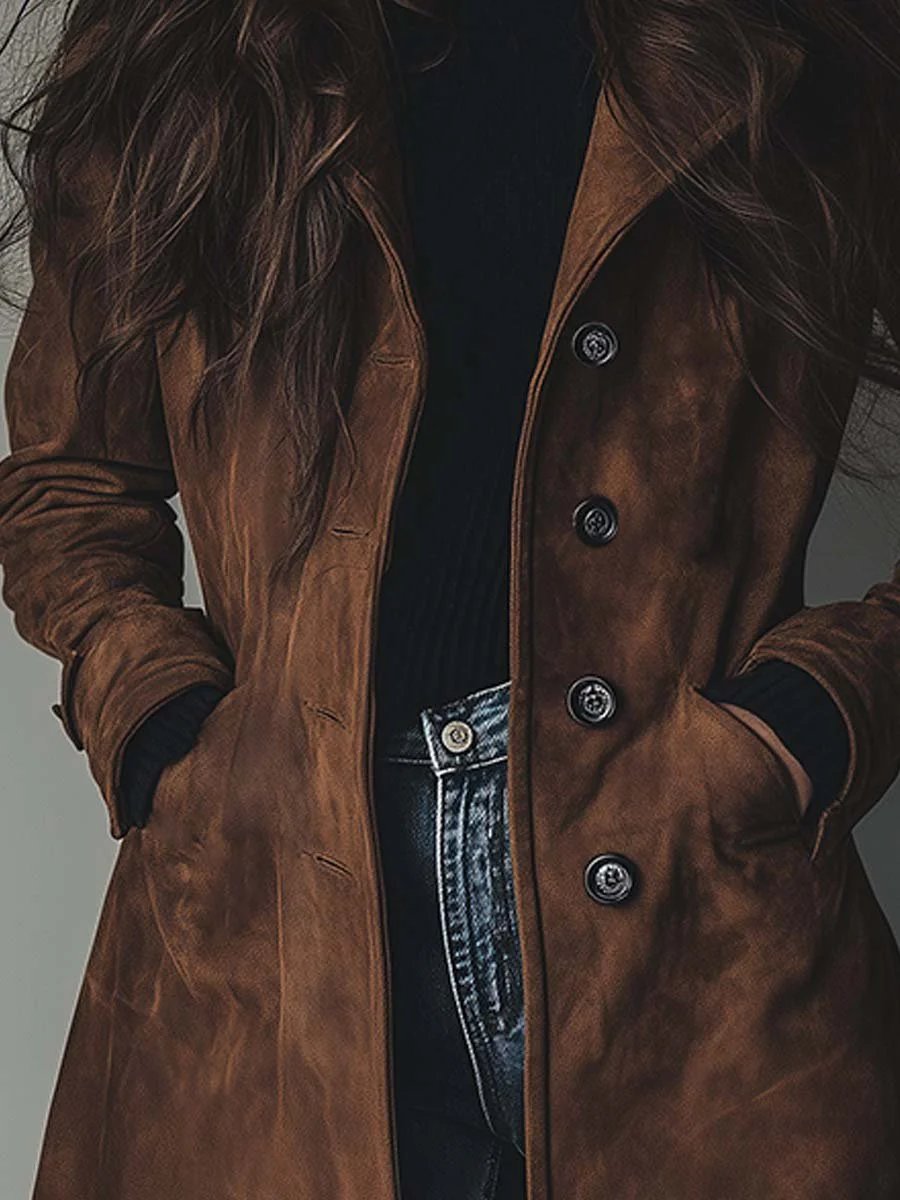 Haley Suede Tailored Button Front Long Coat