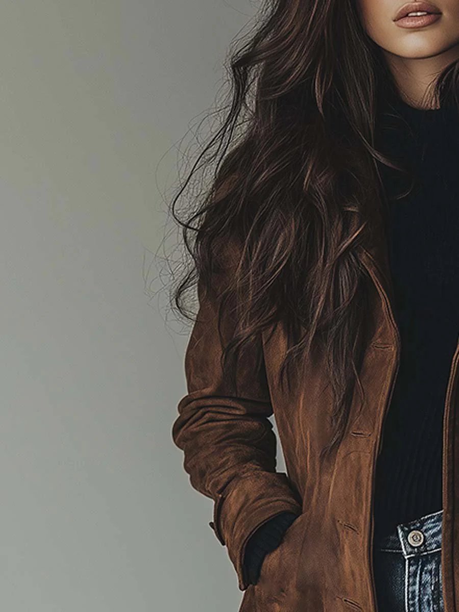 Haley Suede Tailored Button Front Long Coat