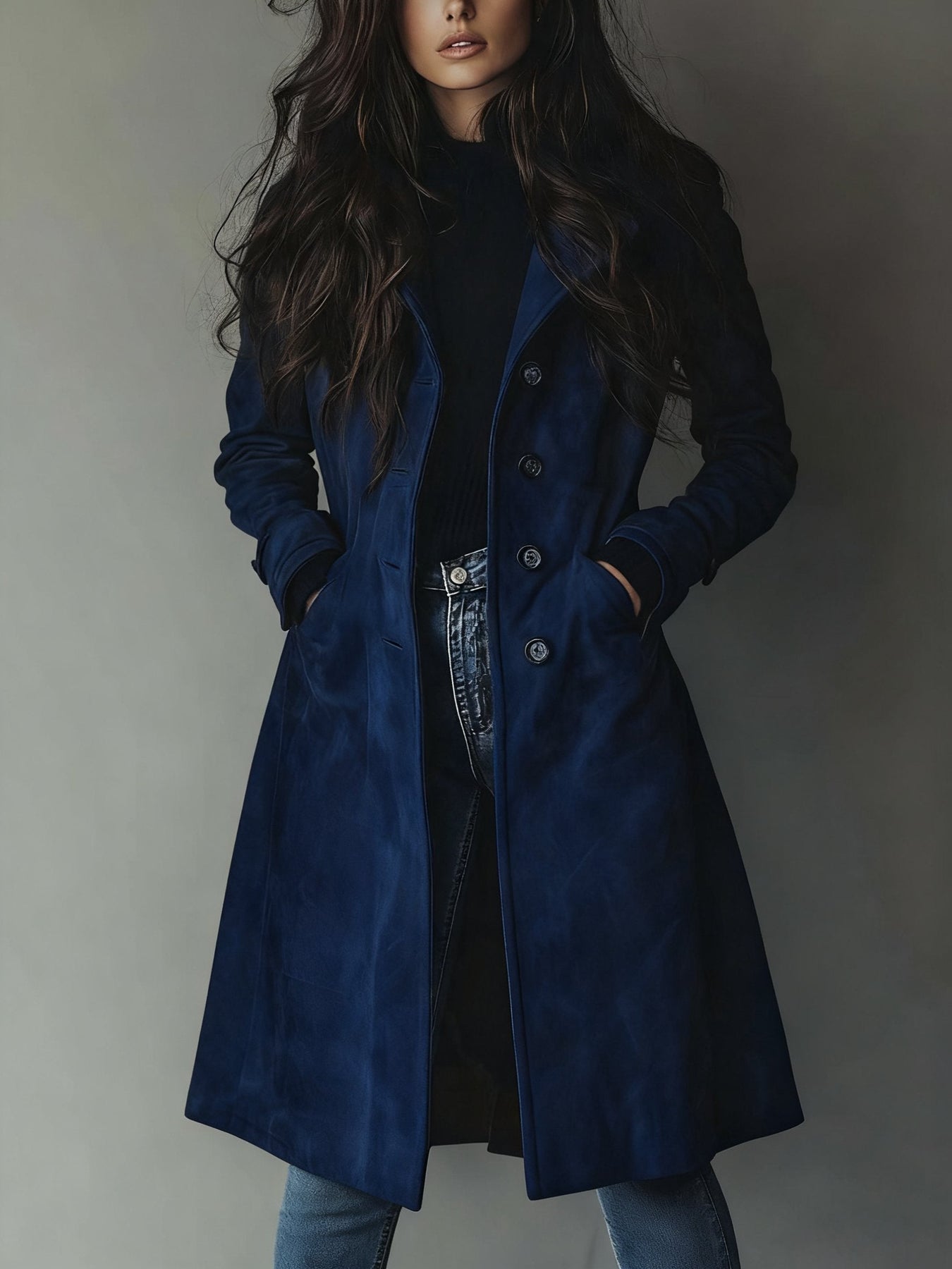Haley Suede Tailored Button Front Long Coat - Blue