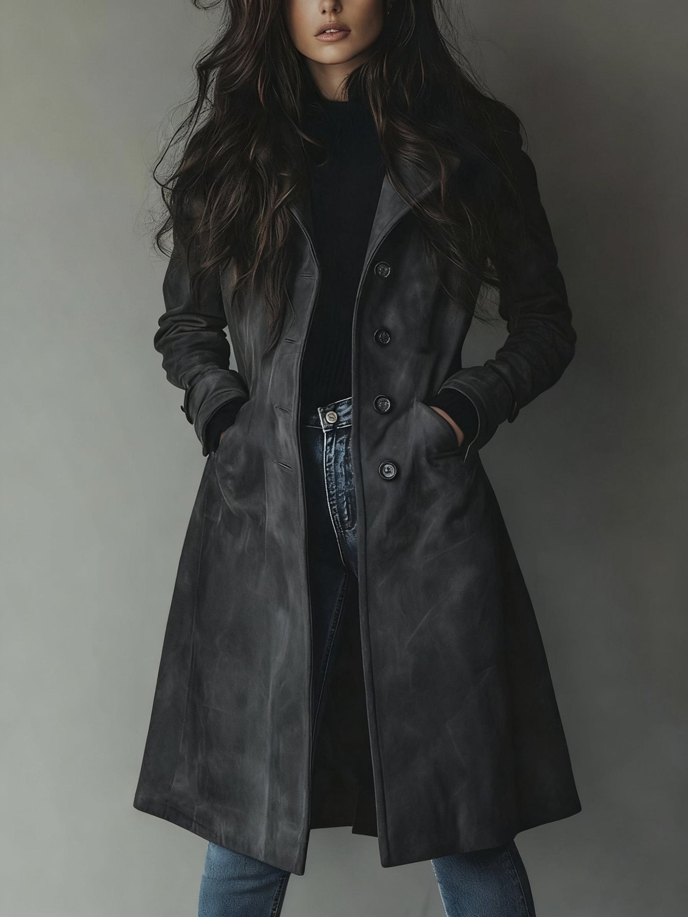 Haley Suede Tailored Button Front Long Coat - Gray