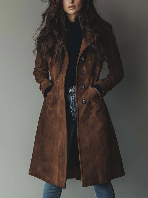 Haley Suede Tailored Button Front Long Coat - Brown