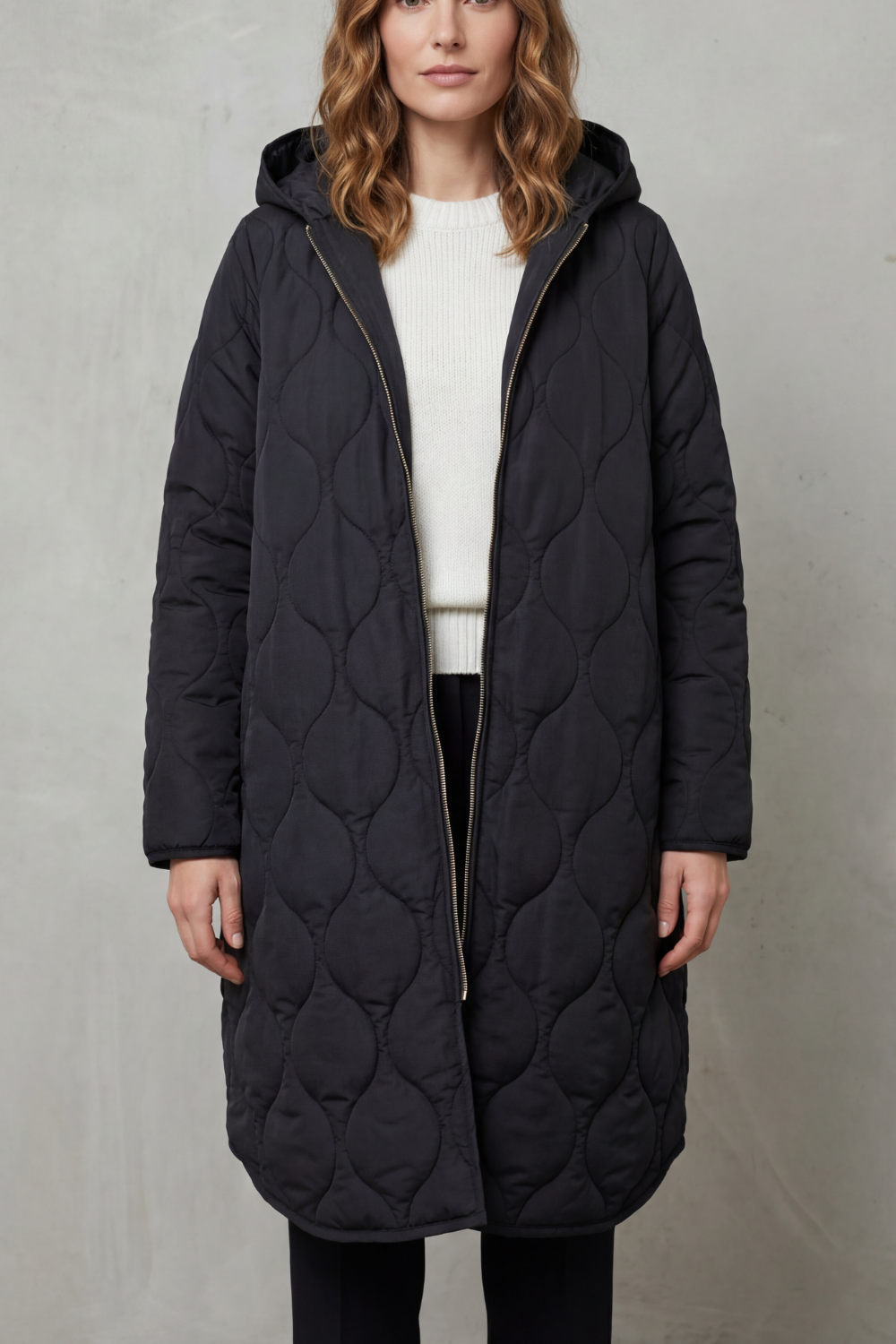 Harper Hooded Wave Quilted Longline Puffer Coat - Dark Blue