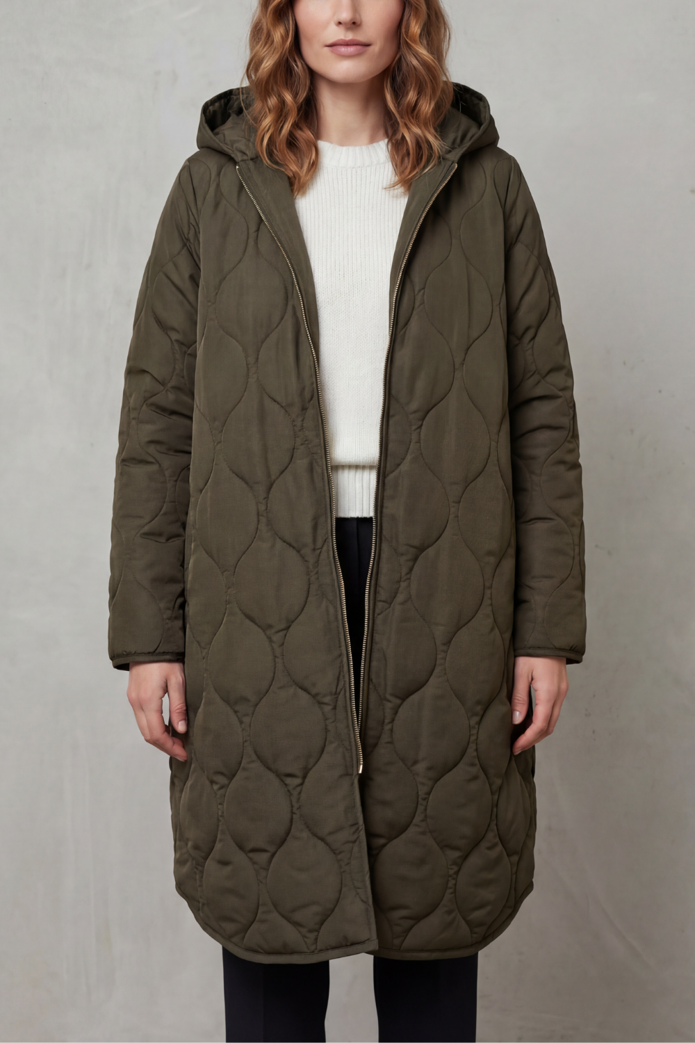 Harper Hooded Wave Quilted Longline Puffer Coat - Dark Green