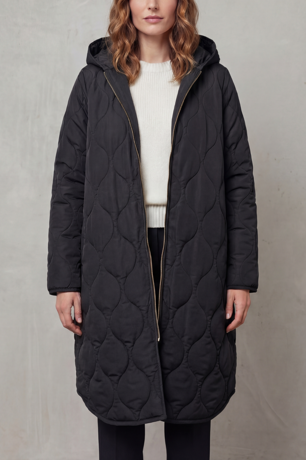 Harper Hooded Wave Quilted Longline Puffer Coat - Black