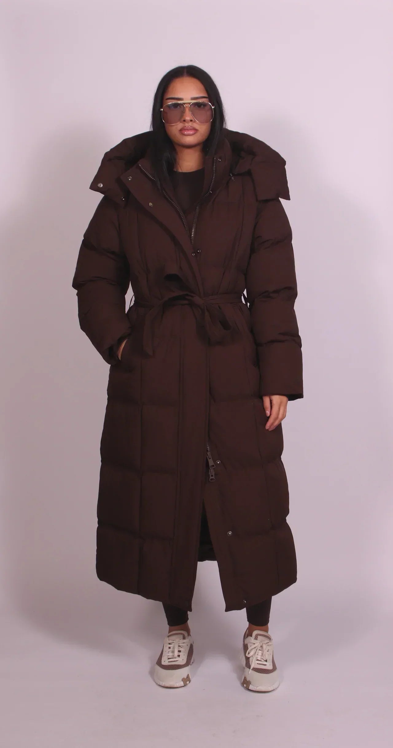 Carmen Long Belted Puffer Coat - Brown