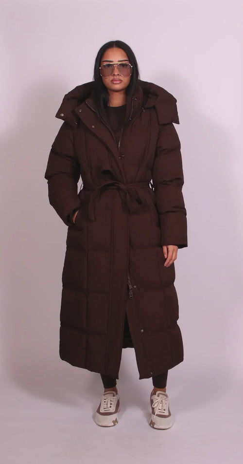 Carmen Long Belted Puffer Coat - Brown