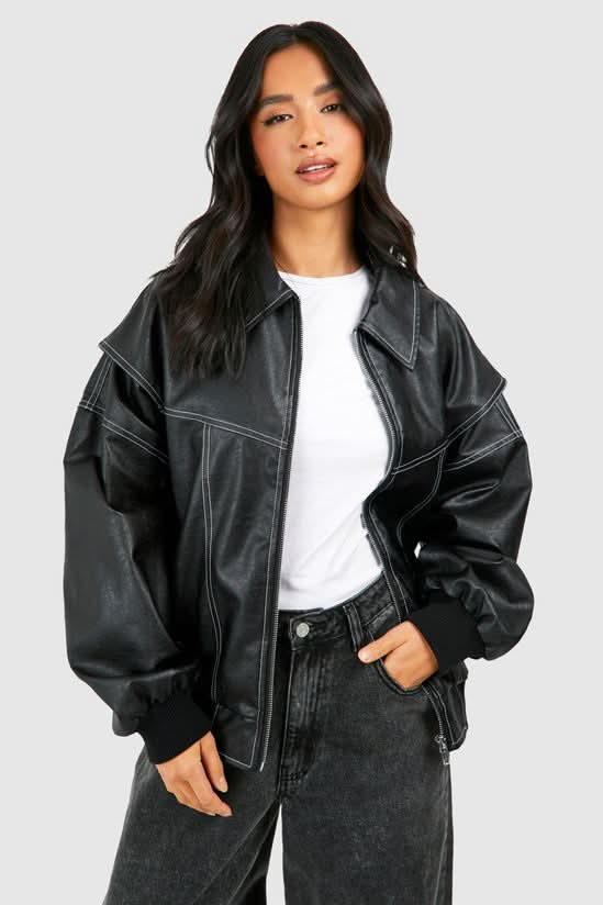 Isabel Oversized Leather Jacket - Black
