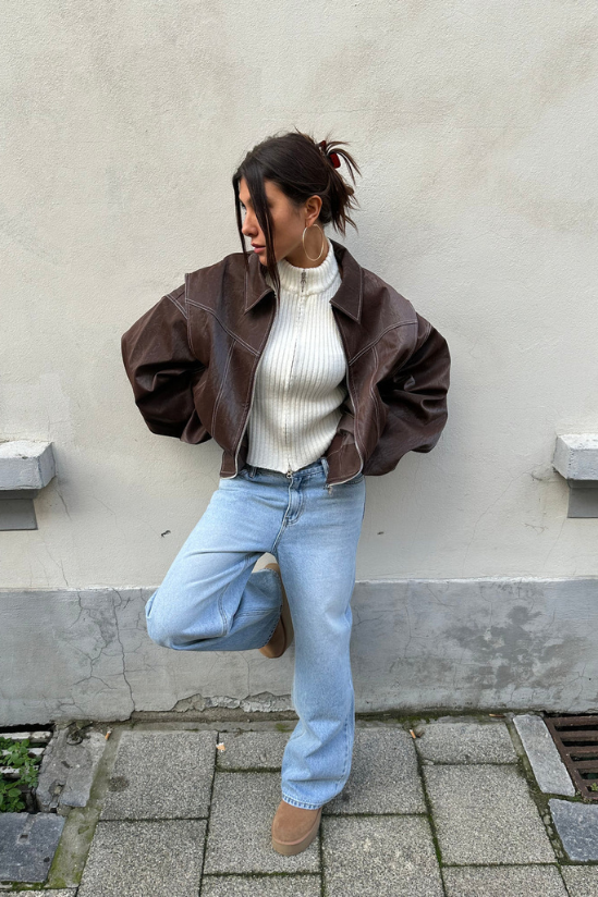 Isabel Oversized Leather Jacket - Brown