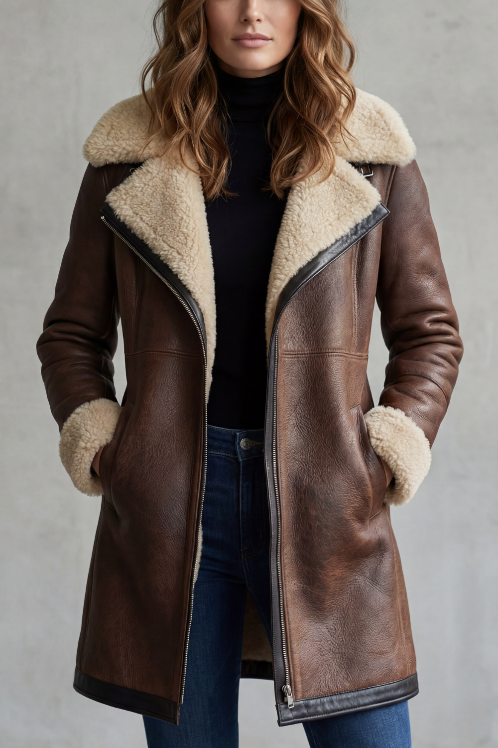 Isla Leather Shearling Lined Longline Coat - Dark Brown